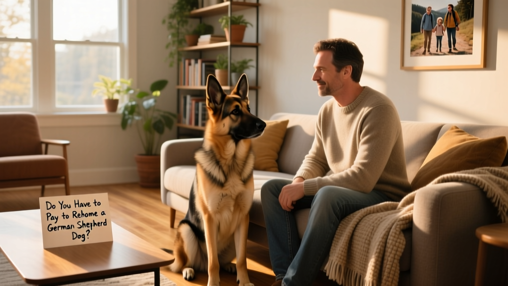 A calm, well-groomed German Shepherd sitting beside a person in a sunlit living room