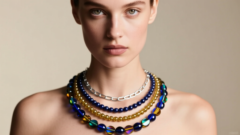 Editorial portrait of a model layering a 24-inch seed bead necklace with a modern 18-inch 2.5mm sterling silver paperclip chain