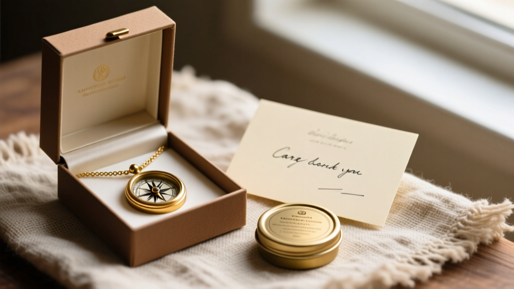 Open gift box with an antique brass compass pendant necklace, polishing wax tin, and handwritten care card on rustic linen.