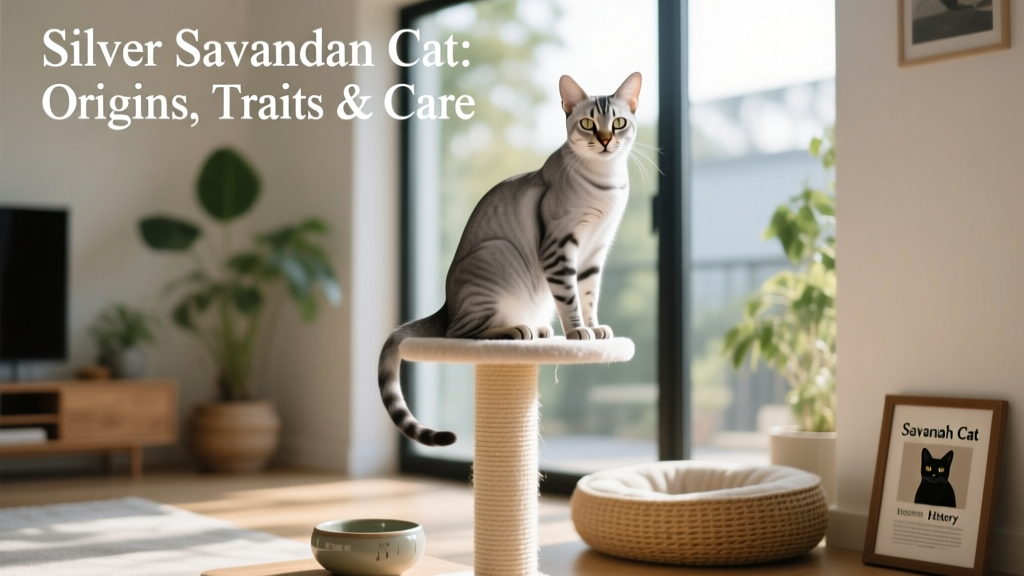 Silver Savannah cat perched atop a tall cat tree, looking alert and poised, showcasing its elegant posture and expressive eyes