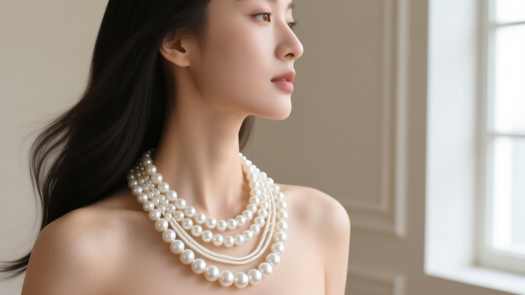Side profile of a woman wearing a heavy multi-strand giant white pearl necklace, showing the drape and tension on silk stringing