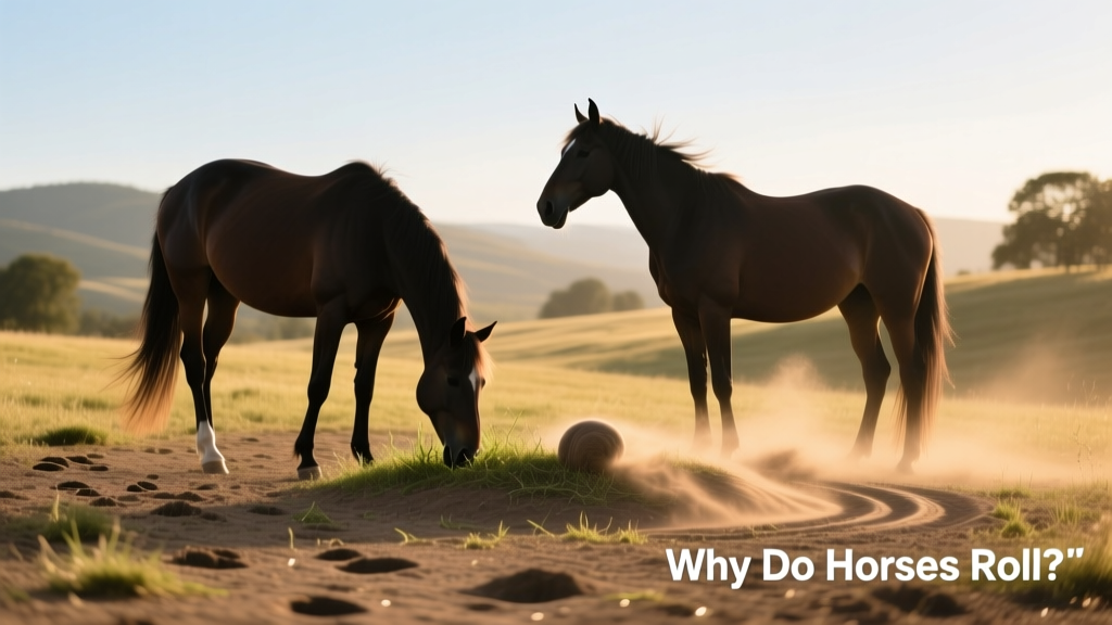 Two horses grazing near a shared rolling spot in a pasture, with visible dust marks on the ground