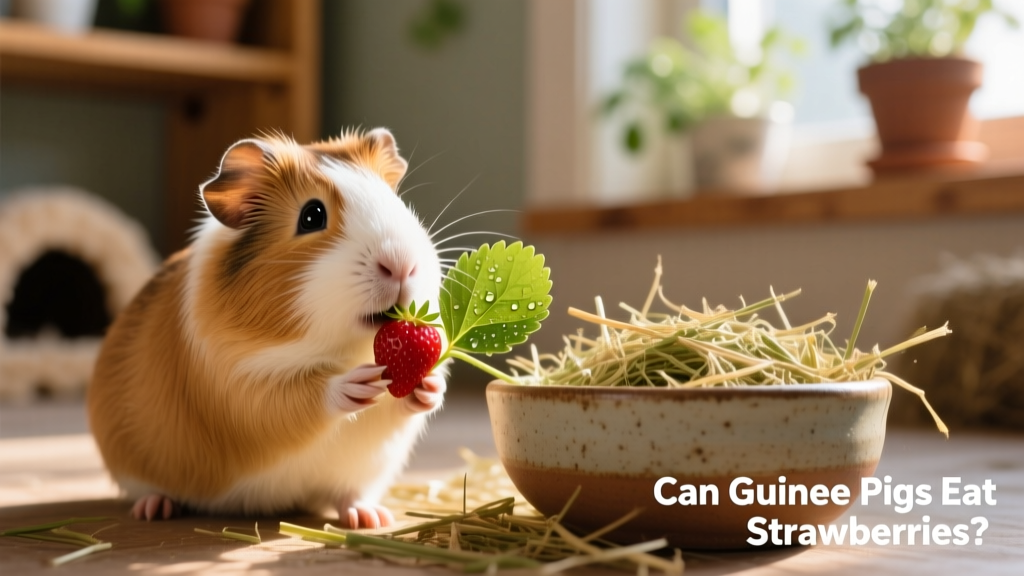A happy guinea pig nibbling on a small piece of strawberry leaf beside a bowl of timothy hay