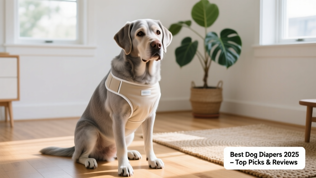 A calm senior dog wearing a comfortable, adjustable dog diaper indoors
