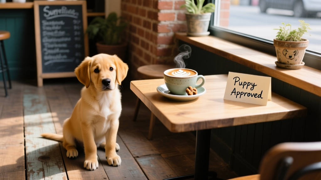 Puppy sitting calmly beside a small, cozy coffee shop table with a latte and treat nearby