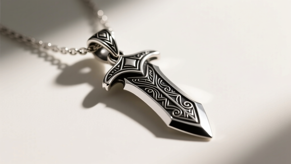 Macro shot of a sterling silver Hidden Blade necklace pendant showing intricate oxidized detailing and a polished beveled edge.