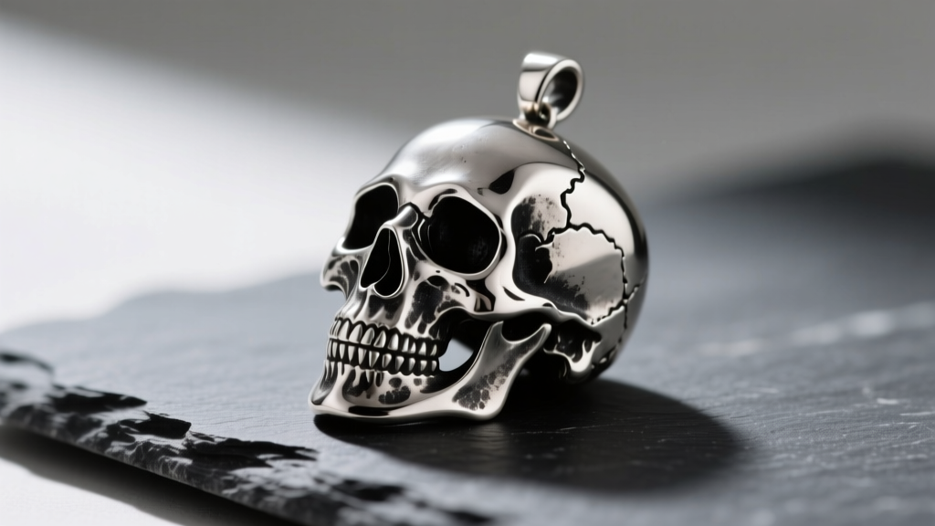 Oxidized sterling silver skull pendant on dark slate, highlighting intricate bone textures and deep black patina in the crevices.