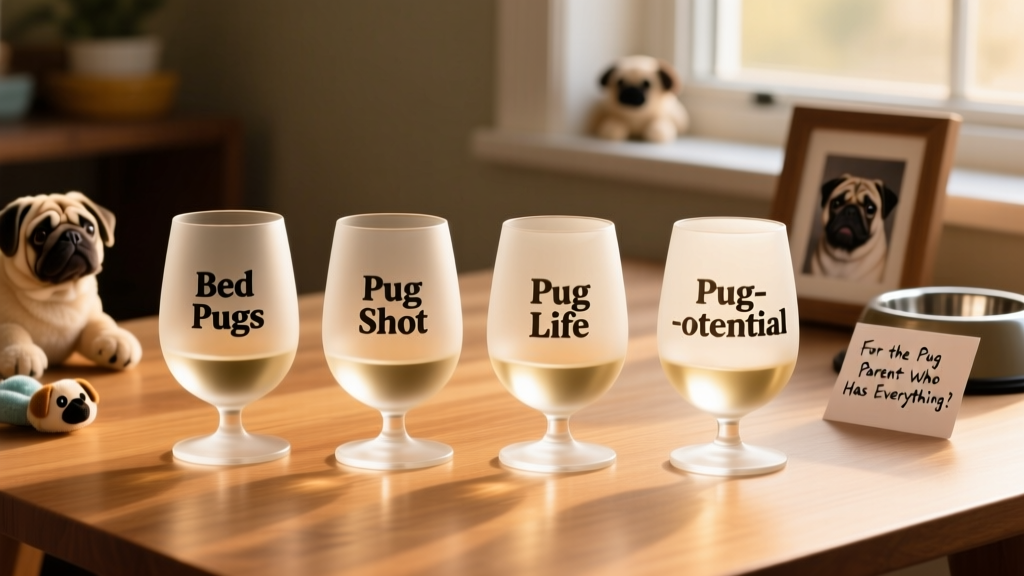 Set of four stemless wine glasses, each featuring a different pug-themed pun like 'bed pugs' or 'pug shot', sandblasted into the glass