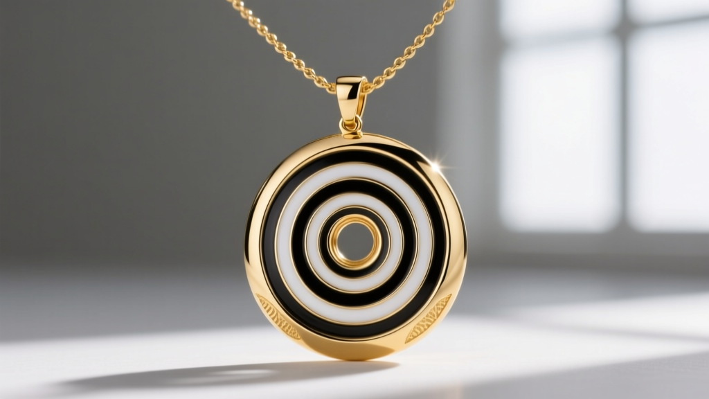 Close-up of an 18k gold hypno necklace with a spinning kinetic pendant featuring black and white op-art concentric enamel rings.