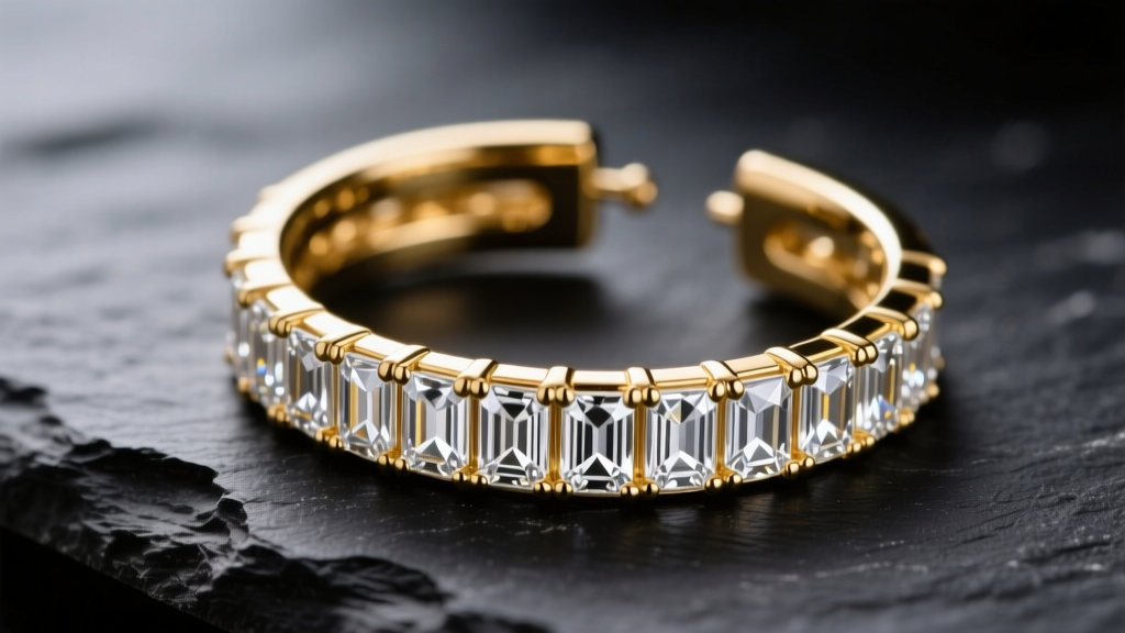Close-up of 14k gold channel set baguette diamond hoops on dark slate, showing seamless metal walls and precise stone alignment.