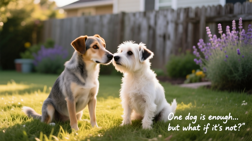 Zero and Casper sitting side by side on grass, noses nearly touching, both wearing gentle, curious expressions