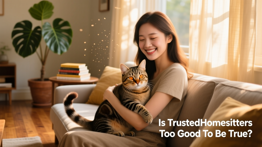 Woman smiling warmly while cuddling a calm, purring cat at home