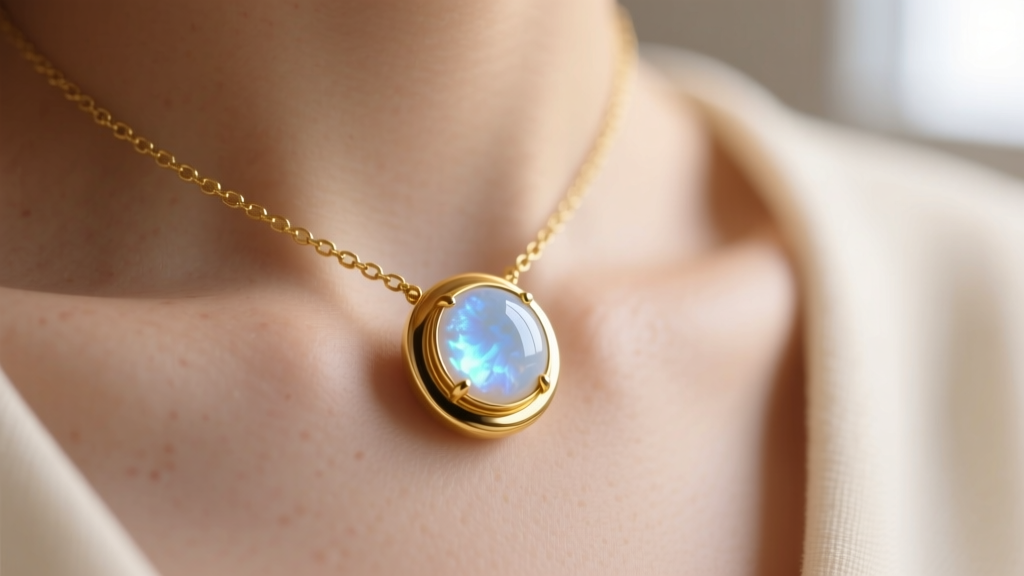 Close-up of a 14k yellow gold bezel pendant necklace with a round moonstone resting on a collarbone under soft natural lighting