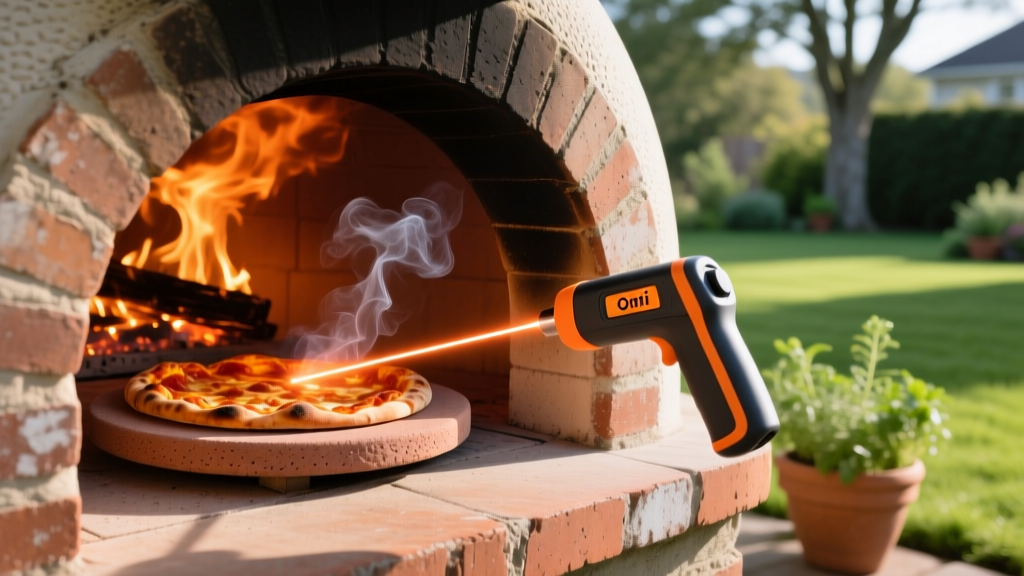 An Ooni infrared thermometer laser pointed at the center of a glowing hot cordierite pizza stone inside a backyard outdoor oven.