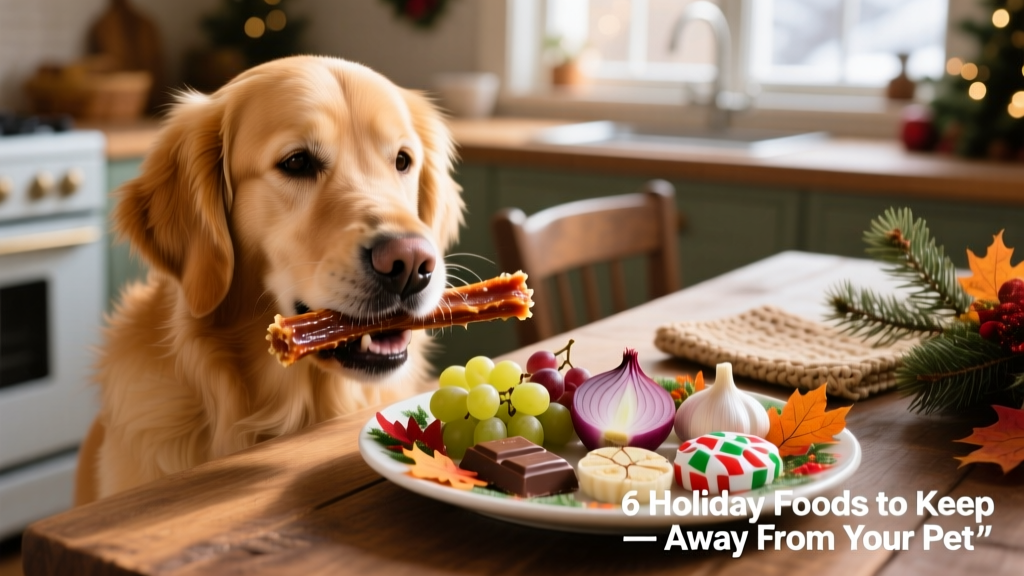 A close-up of a dog safely chewing a FurPetVo bully stick beside a festive plate of holiday food