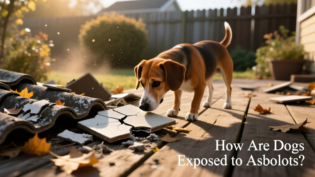Discarded asbestos roofing tiles in an outdoor setting, illustrating a potential exposure hazard for dogs