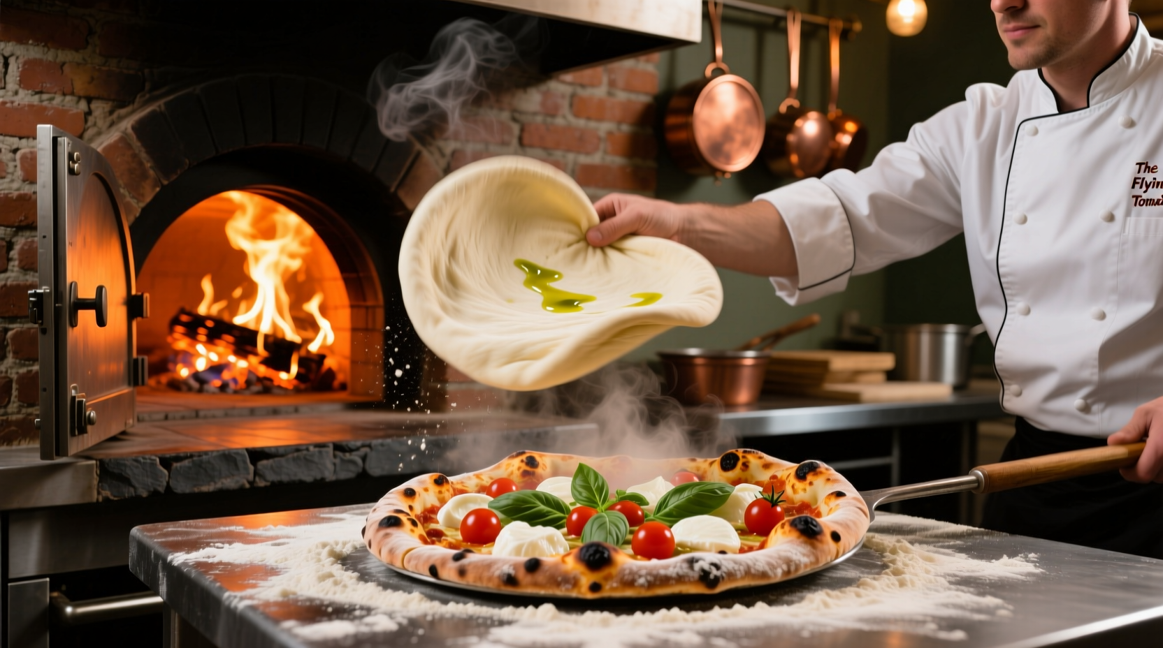 Wood-fired pizza being prepared at The Flying Tomato