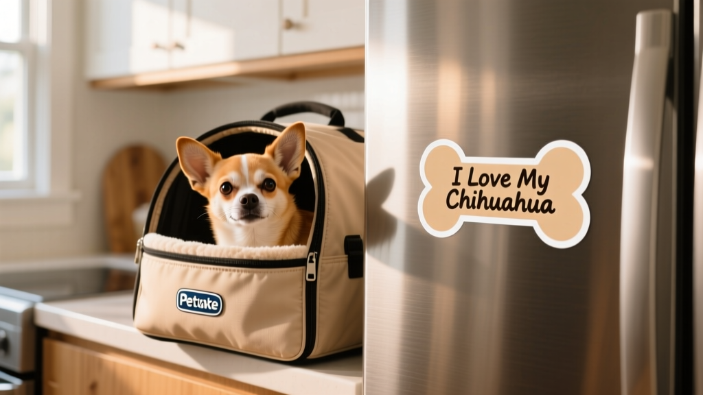 A stylish, soft-sided Petmate carrier with a relaxed Chihuahua peeking out, placed beside a bone-shaped 'I Love My Chihuahua' sticker on a stainless steel fridge