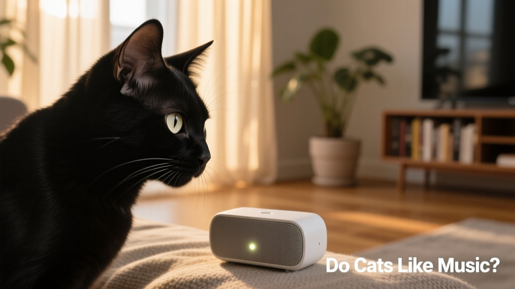Close-up of a cat’s ear twitching subtly while listening to soft ambient music from a compact speaker