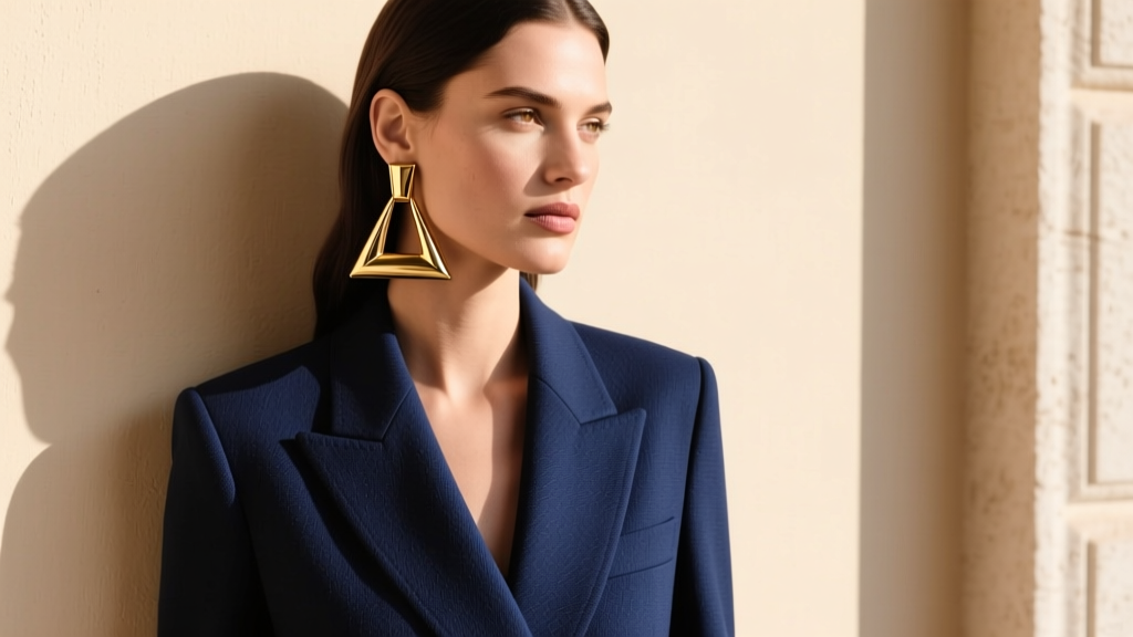 Stylish woman in a structured blazer wearing a single metallic gold handbag earring, shot in natural daylight against a beige wall