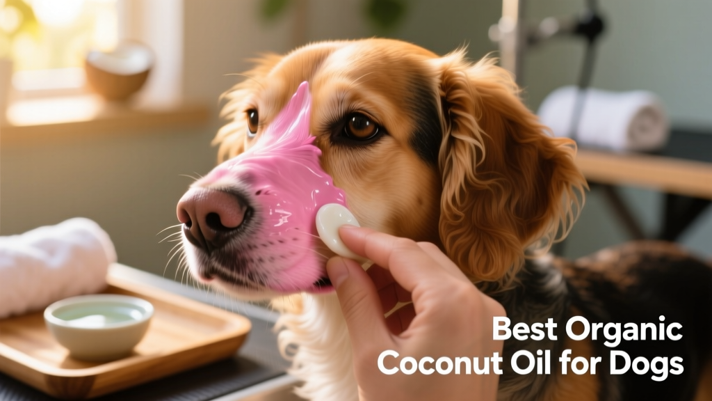 Close-up of a dog’s healthy pink nose being gently massaged with coconut oil