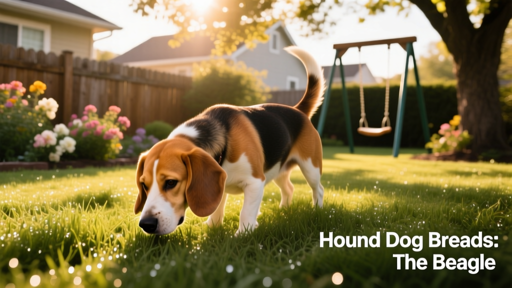 A cheerful Beagle mid-sniff, standing in a sunlit backyard with nose deep in grass