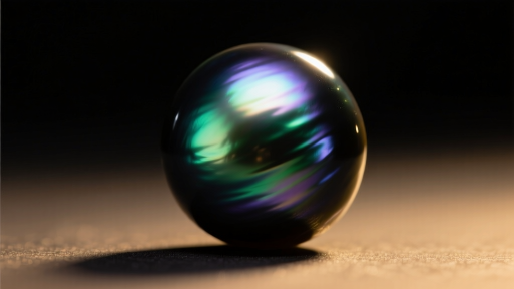 Macro shot of a Tahitian black pearl showing deep peacock overtones and a smooth surface under warm, romantic, dim lighting