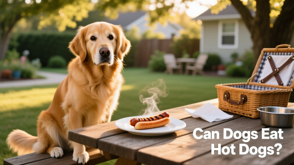 A golden retriever sitting politely beside a picnic table with a small piece of hot dog on a plate