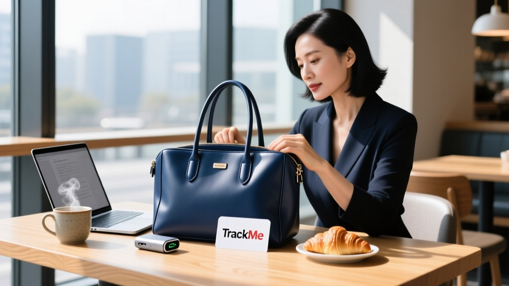 Woman organizing a structured leather tote bag with a laptop, portable charger, and white smart tracker card on a modern cafe table