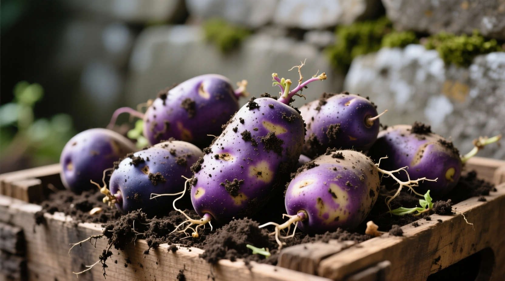 Fresh purple potatoes with soil still visible
