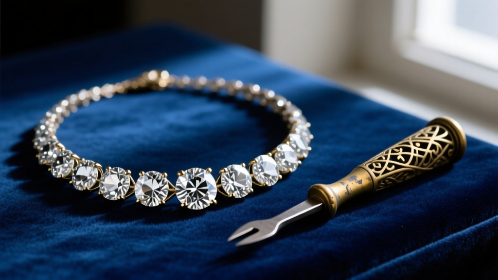 Vintage old European cut diamond necklace on dark blue velvet beside a brass jeweler