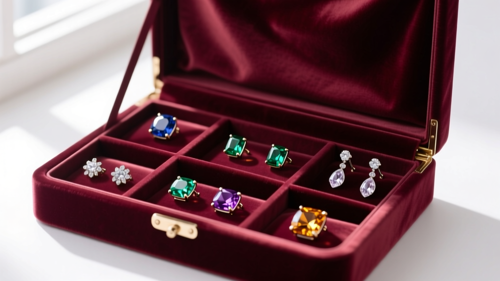 Open velvet jewelry box with padded compartments, storing multi gemstone studs and dangle earrings to prevent surface scratching
