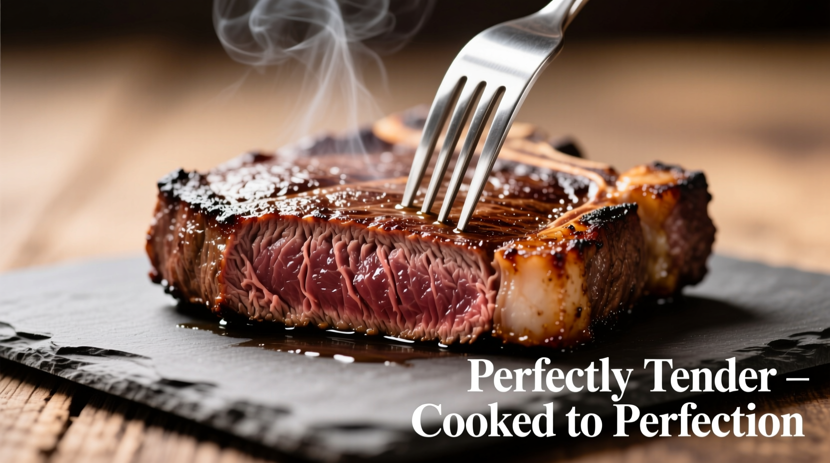 Properly cooked chuck tender steak with fork showing tenderness