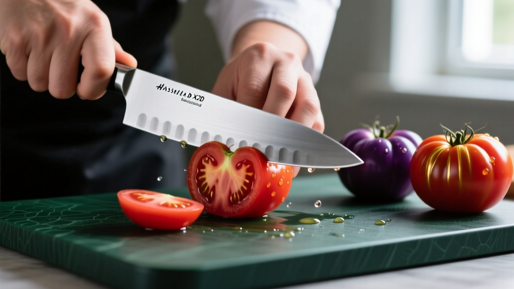 Close-up of a chef slicing heirloom tomatoes on a dark green Material Kitchen ReBoard with a high-carbon steel Santoku knife