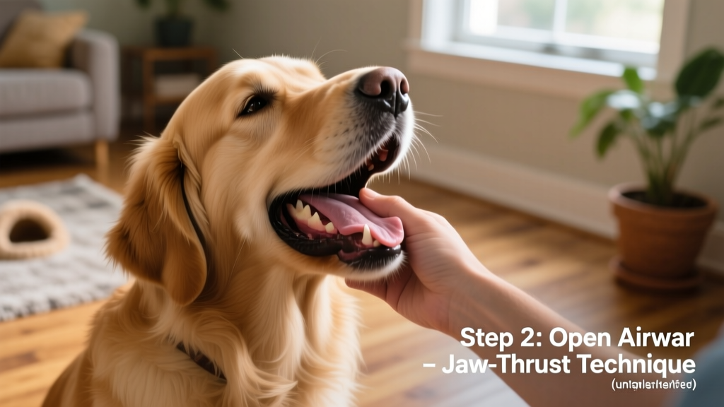 Close-up illustration showing proper technique for opening a dog's mouth and checking for airway obstruction