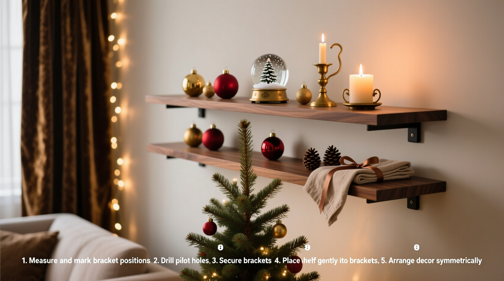 step by step guide to mounting a floating shelf above your christmas tree for layered decor