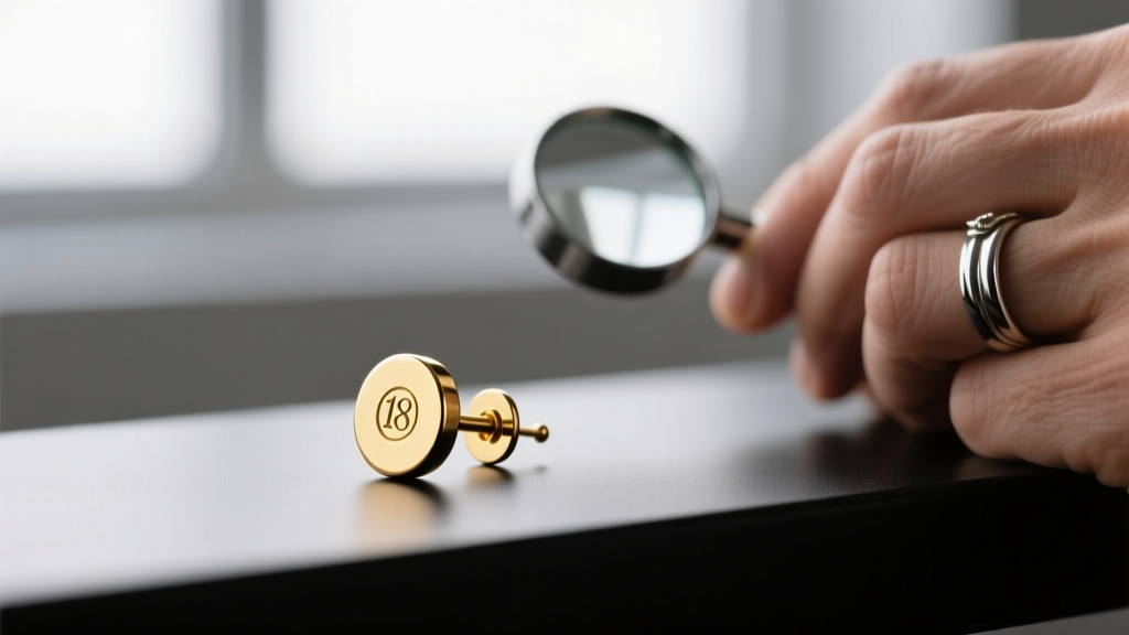 Macro shot of an 18-gauge solid gold earring post stamped with a hallmark, next to a jeweler