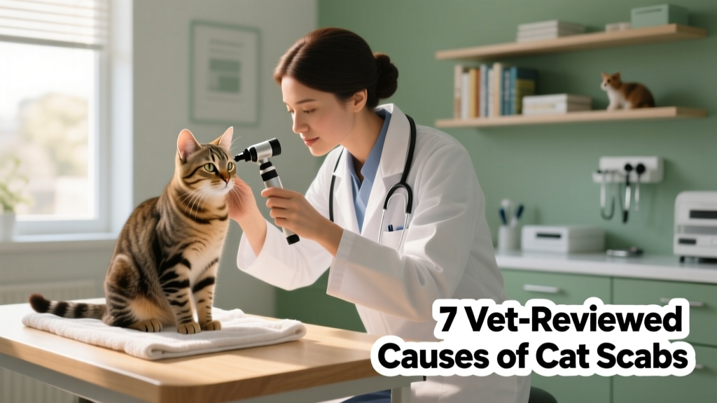 Veterinarian gently examining a cat’s skin with an otoscope while the cat sits calmly on the exam table