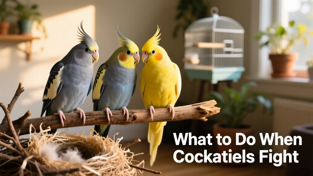 Three cockatiels peacefully perched together on a shared perch, with nesting materials visible nearby