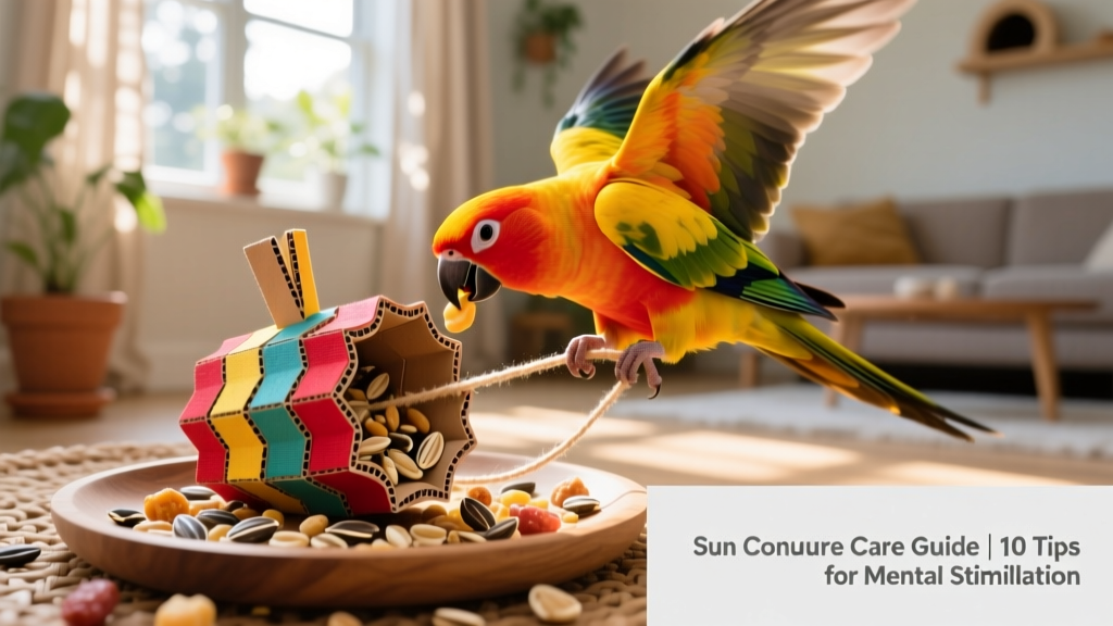 A sun conure actively solving a colorful piñata-style puzzle toy filled with treats