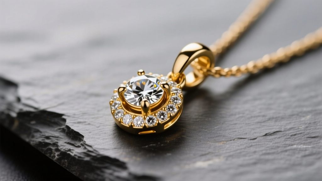 Macro shot of an 18k gold pendant on slate, showing the detailed bail and bezel diamond setting under soft studio lighting.