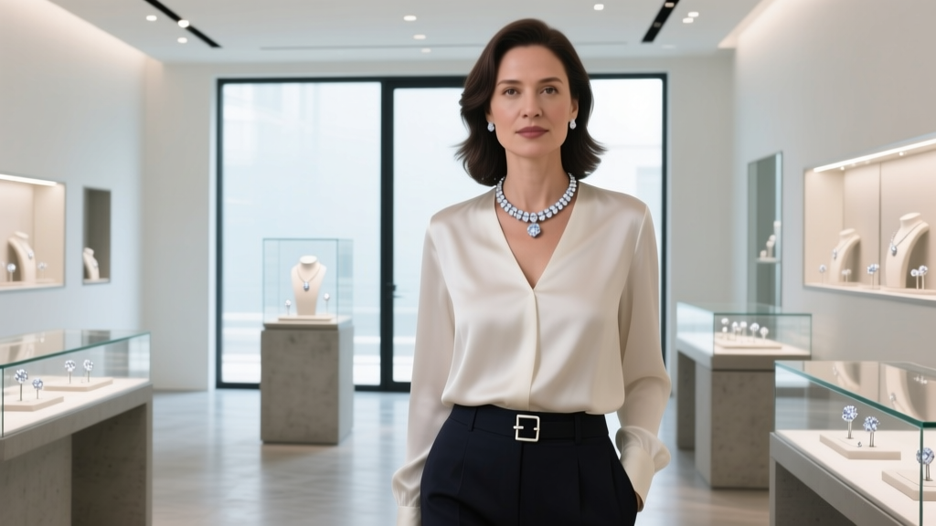 Woman wearing a modern lab-grown diamond tennis necklace with secured clasp, standing in a bright contemporary jewelry boutique