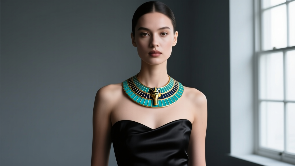 Model in strapless black gown wearing a turquoise and gold enamel Nefertiti collar necklace during a moody studio portrait shoot