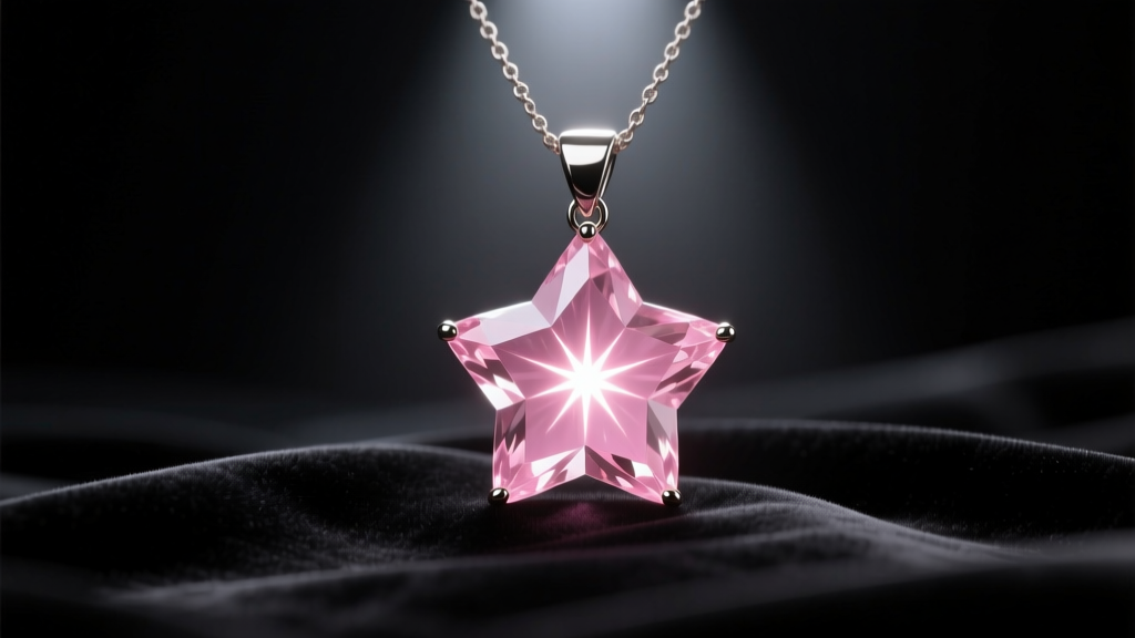 Cabochon star rose quartz pendant showing a sharp six-rayed asterism on dark velvet, illuminated by a single overhead spotlight.