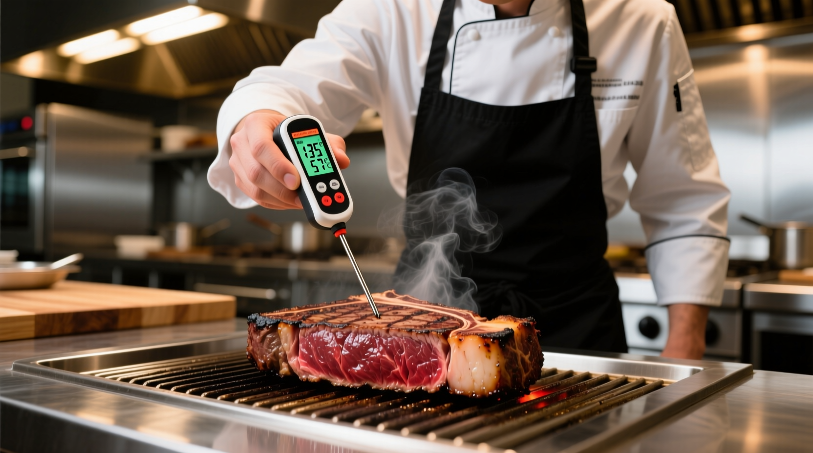 Chef checking meat temperature with digital thermometer