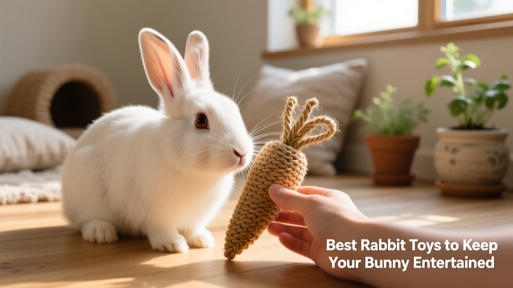 A curious rabbit gently nudging a woven carrot toy with its nose