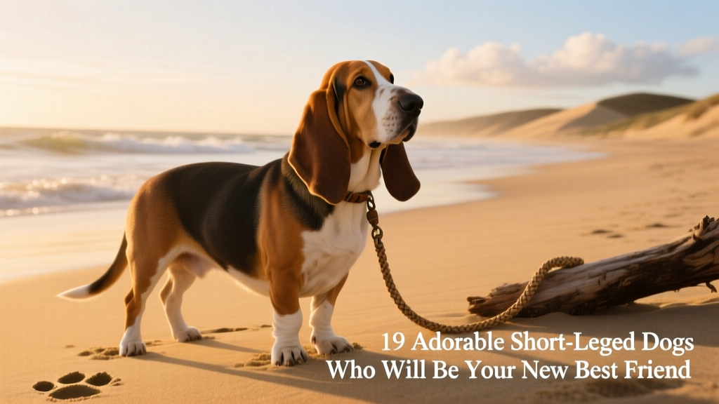A basset hound standing on a sandy beach, ears gently flapping in the breeze