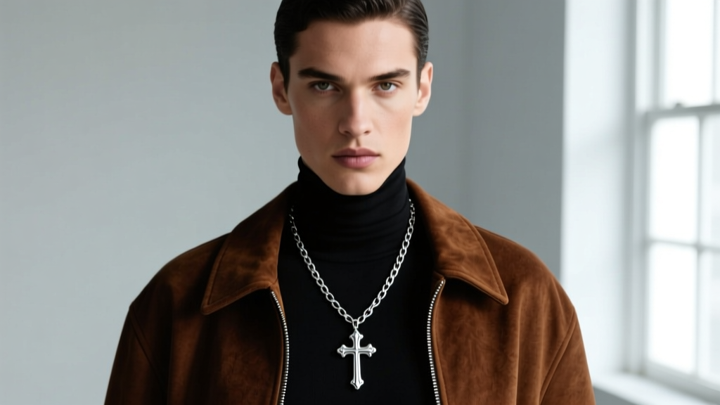 Editorial portrait of model layering a 2mm silver box chain western cross necklace over a black turtleneck and brown suede jacket.