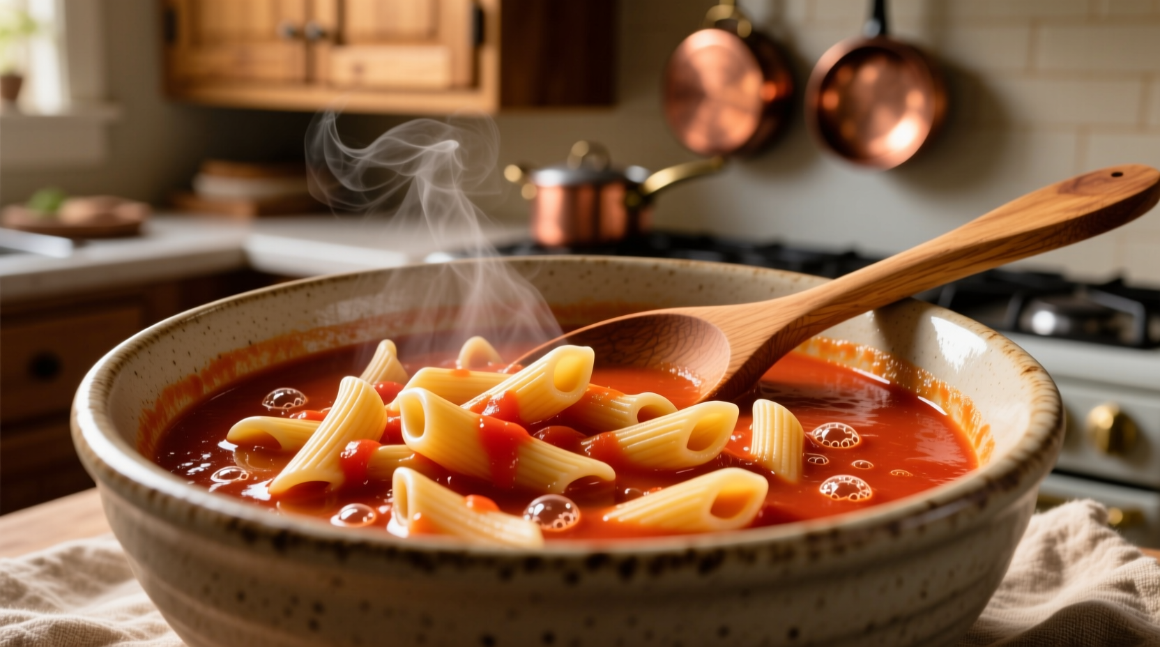 Perfectly cooked macaroni in vibrant tomato soup