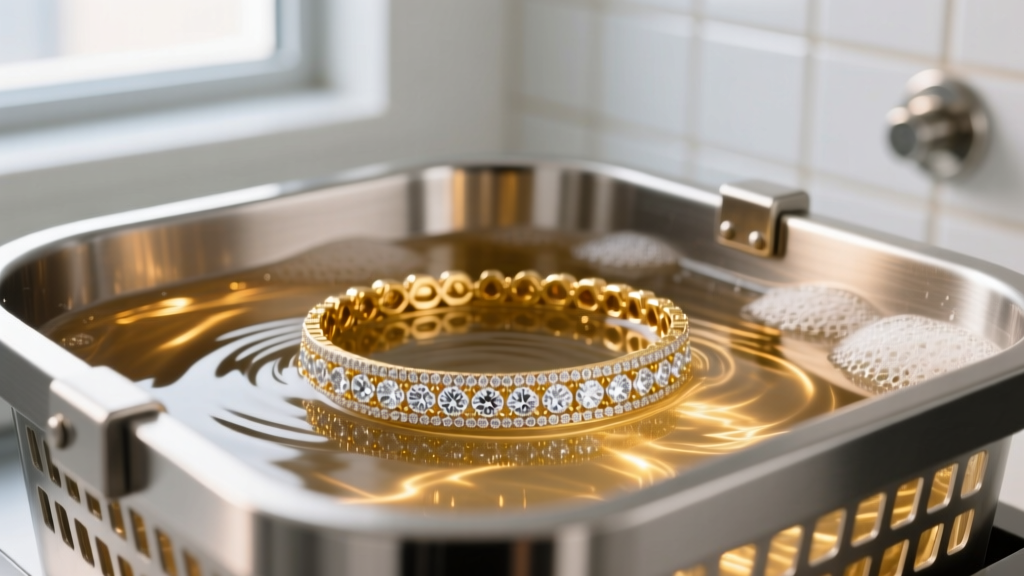 Close-up of 45kHz ultrasonic cleaner basket holding an 18k gold micro-pave diamond tennis bracelet submerged in warm soapy water.